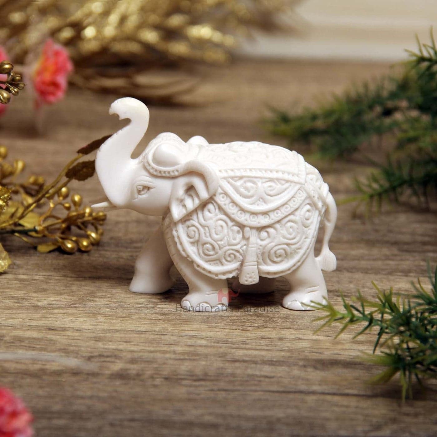 Handicrafts Paradise Resin Trunk Up Elephant (White, 4 X 2 X 3 Inch)