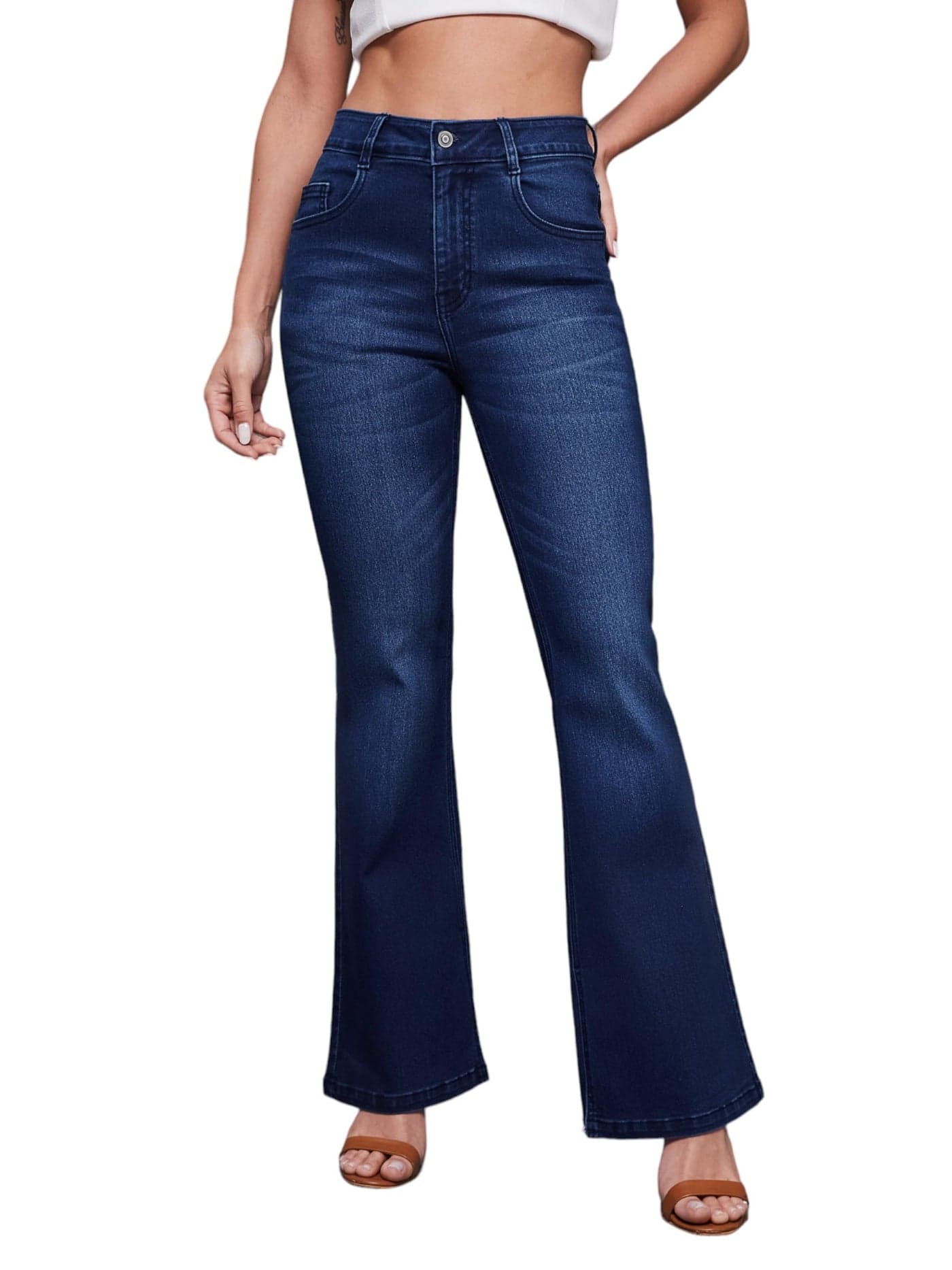 Miss Chase Women's High Rise Clean Look Regular Length Stretchable Flared Denim Jeans (MCSS24DEN12-92-71-26, Navy Blue, 26)