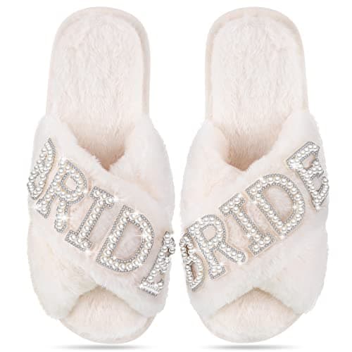 Jiuguva Bride Slippers for Wedding Day White Bridesmaid Slippers Mother of the Bride Gifts for Bridal and Bachelorette Party(Size 11-12,Creamy White)
