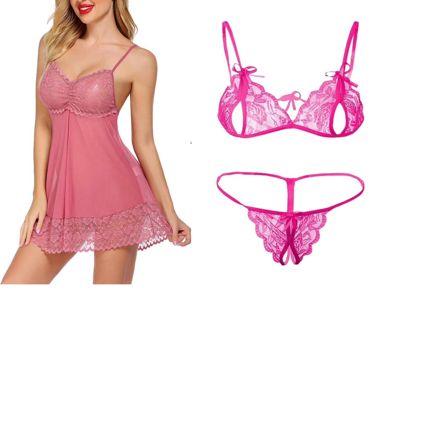 SSoShHub Lace Babydoll Lingerie Sexy Mini Chemise Mesh Wedding Nightie Bridal Nightdress with Bikini Peach Pink