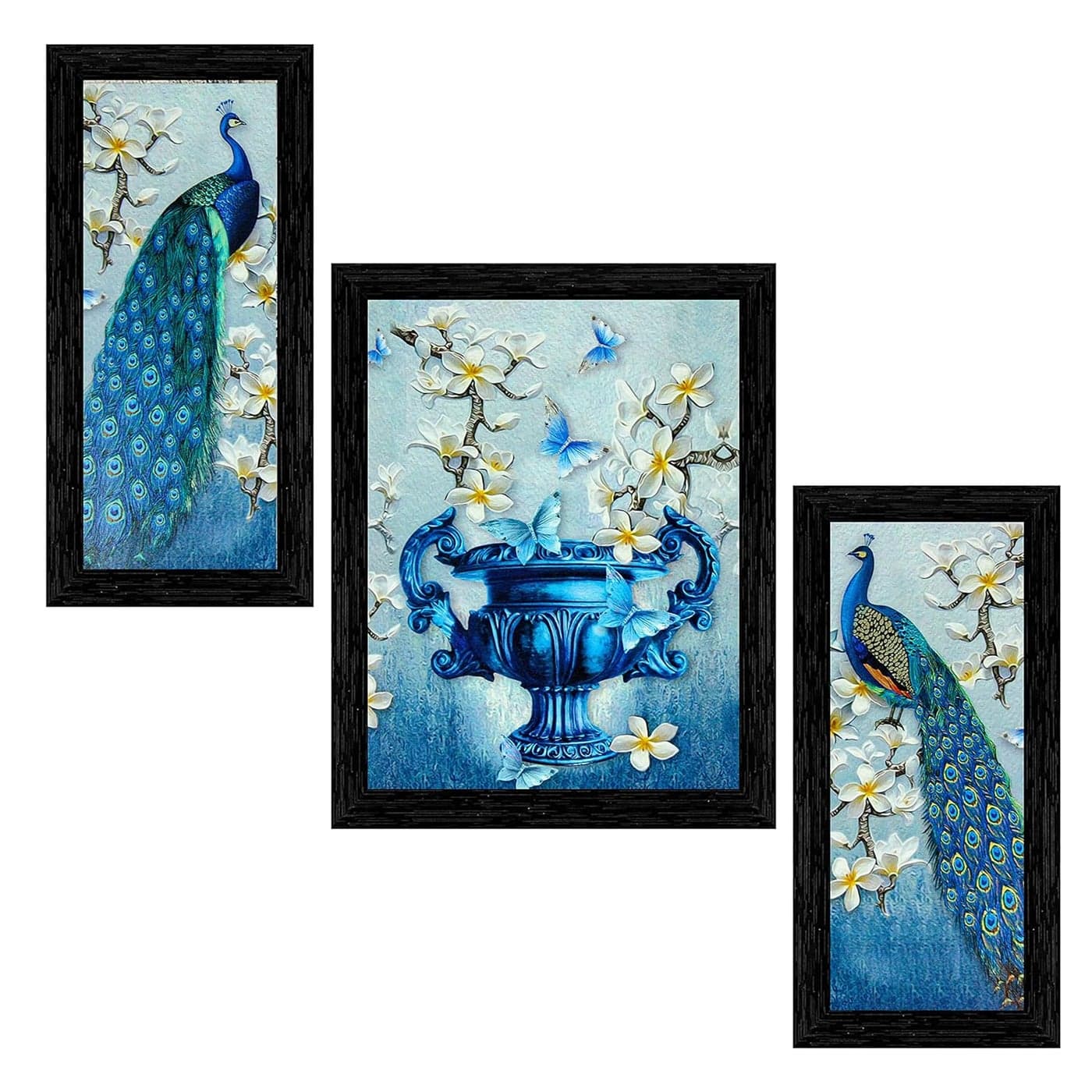 Indianara Set of 3 Beautiful Pair of Peacock and Flower vase Framed Art Painting 6 X 13 102 X 13 6 X 13 inch Black