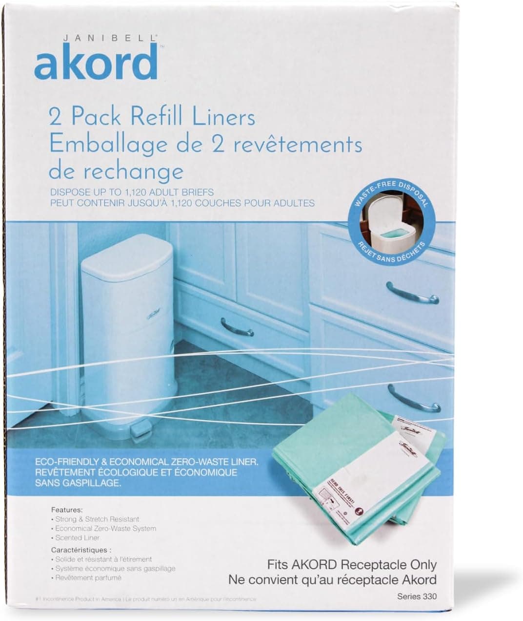 Janibell Akord 330 Diaper Pail Refill Liners 2 Count Scented StretchResistant Holds Up to 1120 Adult Briefs Fits Akord 330 Disposal System Easy Cut Tie Odor Control Bags Pack of 1