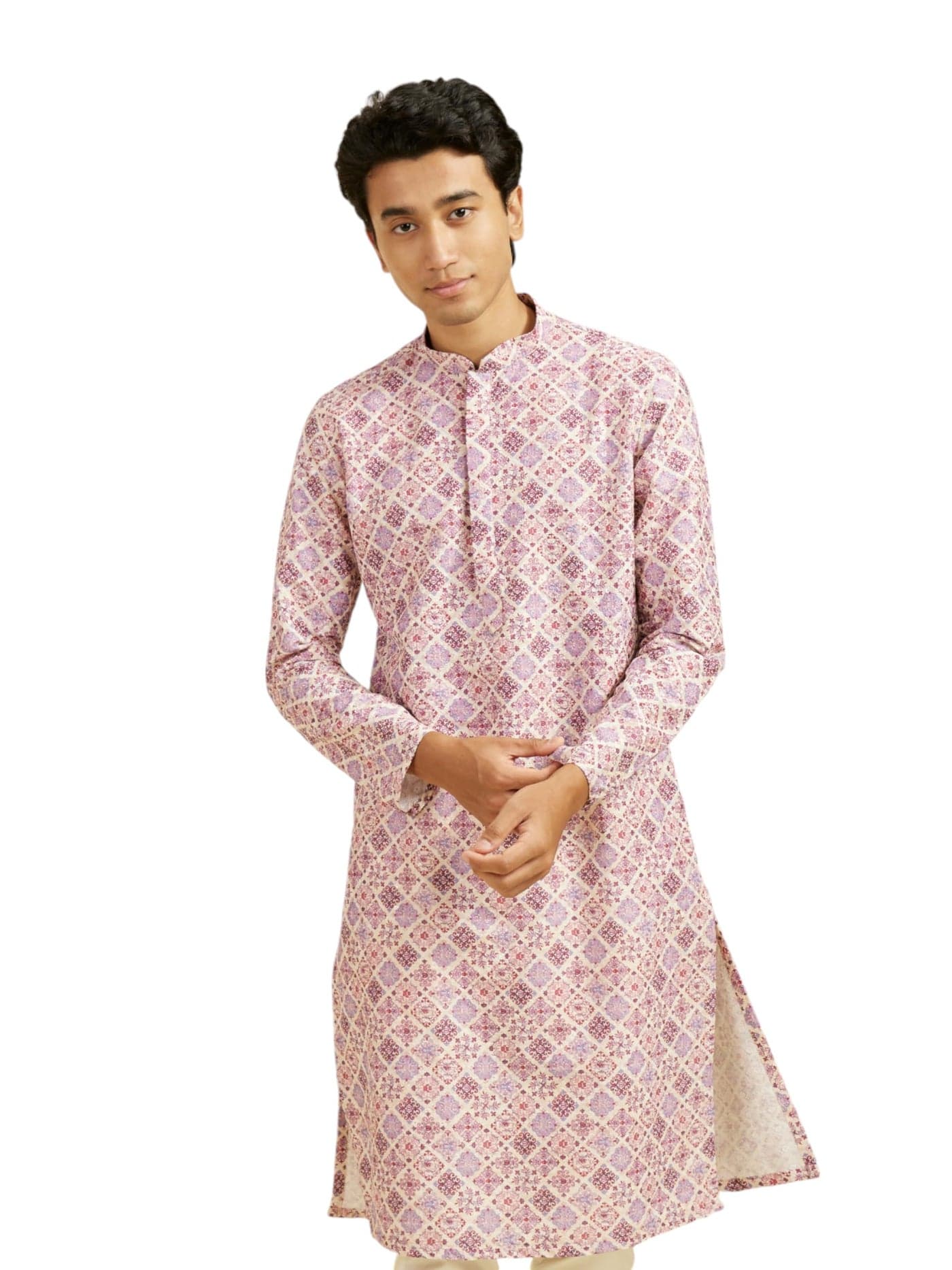 DIWAS BY MANYAVAR Men's Art Silk Printed Chikankari Kurta (Purple,S)