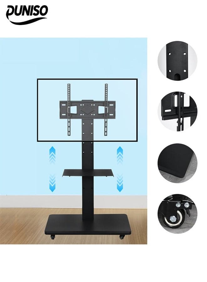 Mobile TV Stand for 32-55Inch LCD,Height Adjustable Floor TV Stand with Lockable Wheels & Removable Shelf,Heavy Duty Rolling TV Stand,for LCD LED 4K Flat Curved TV,600x400mm 70x43x180cm,Black