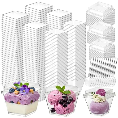 Vicguluc 360 Pcs Mini Dessert Cups with Lids and Spoons, 3 Sizes Square Short Shooter Cups for Party Birthday, Plastic Dessert Cups for Appetizer Pudding Cake Ice Cream