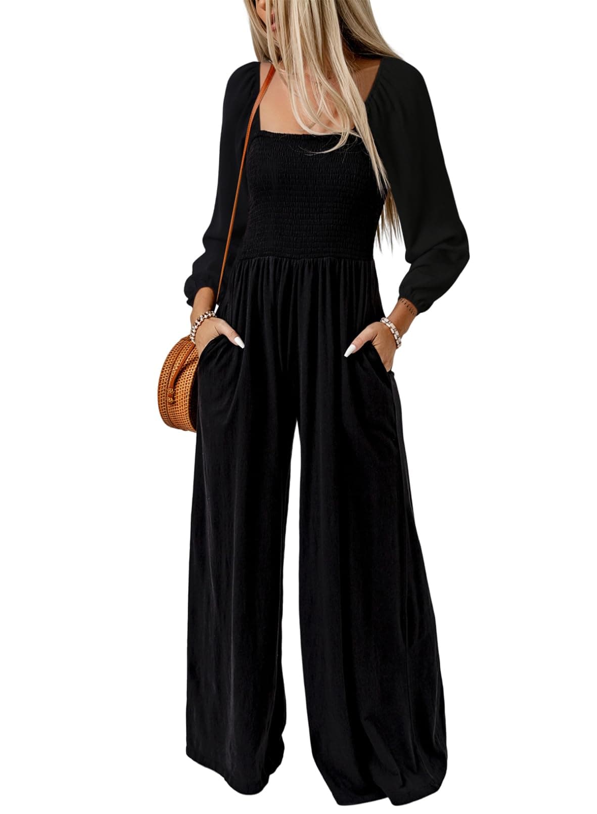 Dokotoo Womens Plus Size Black Jumpsuits for Women Overalls Loose Casual Wide Leg One Piece Long Sleeve Solid Jumpsuit Long Pant Rompers with Pockets X-Large