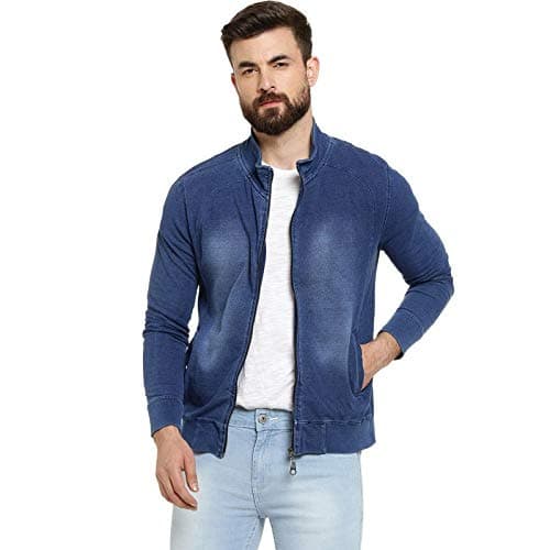 Campus Sutra Men's Navy Blue Zip-Front Dark-Wash Denim Jacket for Casual Wear | High Neck | Long Sleeve | Zipper Closure | Cotton Jacket Crafted with Comfort Fit for Everyday Wear