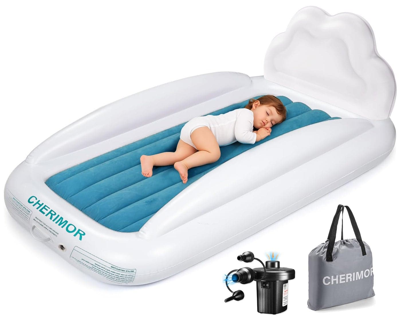 CHERIMOR Toddler Air Mattress with Electric Pump Inflatable Toddler Travel Bed with Safety Sides Portable Kids Blow Up Mattress for Travel Camping Grandma Sleepovers Playing Air Bed Gift for Kids