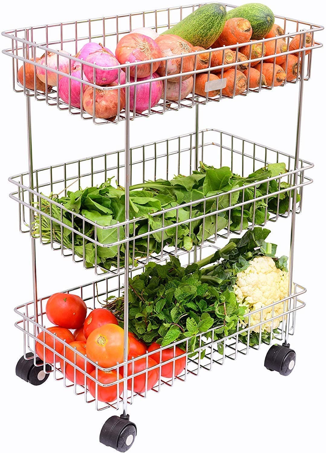 Drumil Rust Stainless Steel Wrought Iron Fruit and Vegetable and Spice Container Stand Basket TrolleyModern Kitchen Storage Steel Rack Triple Tiered Trolley Shelf Silver