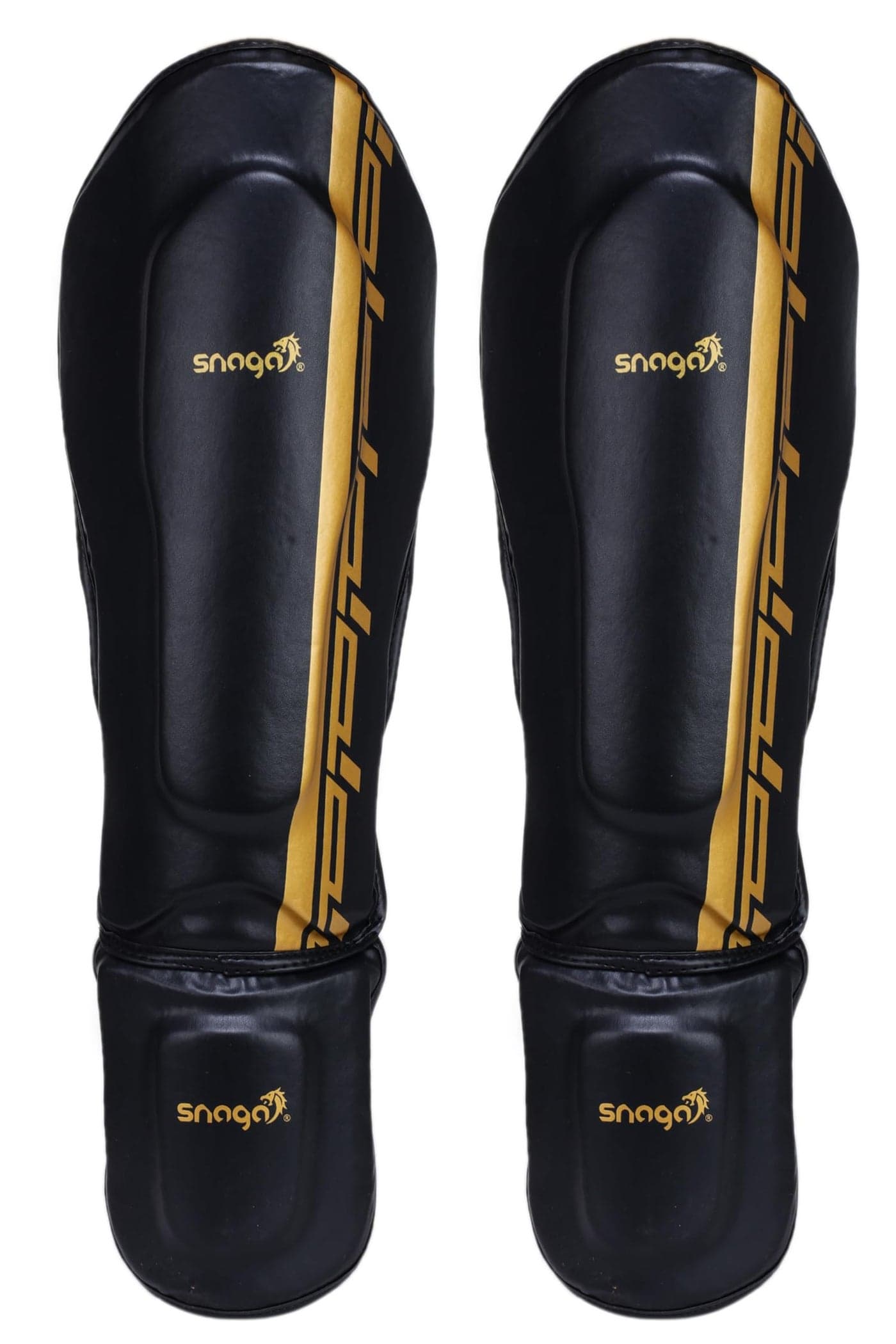 Snaga MMA Shin Guard, Leather Shin Guard Pads with High-Density Foam Padding for MMA, Karate, Taekwondo, Kick Boxing & Other Martial Arts (Black-Golden)