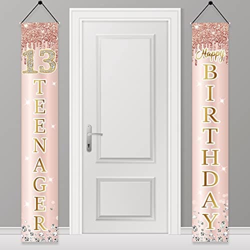 13th Birthday Decorations Door Banner for Girls Pink Rose Gold 13 Teenager Happy Birthday Sign Party Supplies Sweet Thirteen Year Old Birthday Backdrop Porch Dcor