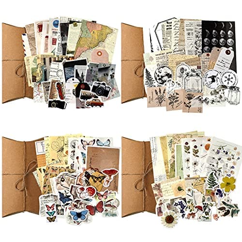 120 Pcs Vintage Aesthetic Scrapbook Kit Junk Journaling Supply with Retro Stamp Stickers,Material Paper, Tag Card,Hand Account Collage Card,Pillow Box,Twine Diary Supply Birthday Gift(Artsy Style)