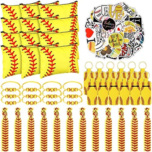 LEIFIDE 148 Pcs Softball Gift Softball Party Favors Makeup Bag Bracelet Keychain Stickers Hair Ties for Sport Birthday Decoration Party Supplies