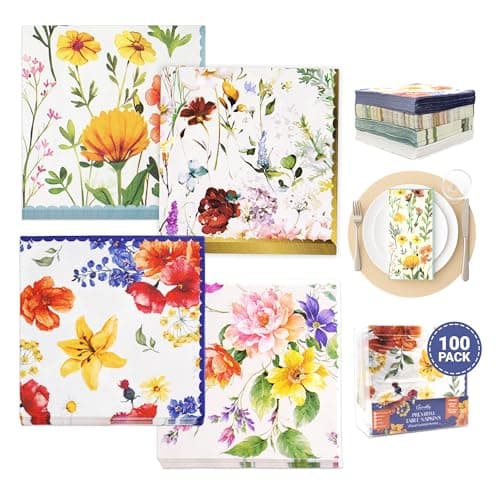 Decorably 3-Ply 100 Pack Floral Spring Cocktail Napkins Paper Disposable Decorative- 5x5in 4 Designs Folded Square, for Appetizers, Dinner, Tea & Garden Party, Bridal & Baby Shower, Birthday, Wedding