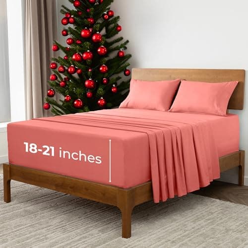 Mellanni Extra Deep Queen Sheets 4 PC Iconic Collection Bedding Hotel Luxury Ultra Soft Cooling Bed Sheets Wrinkle Fade Stain Resistant Queen Coral