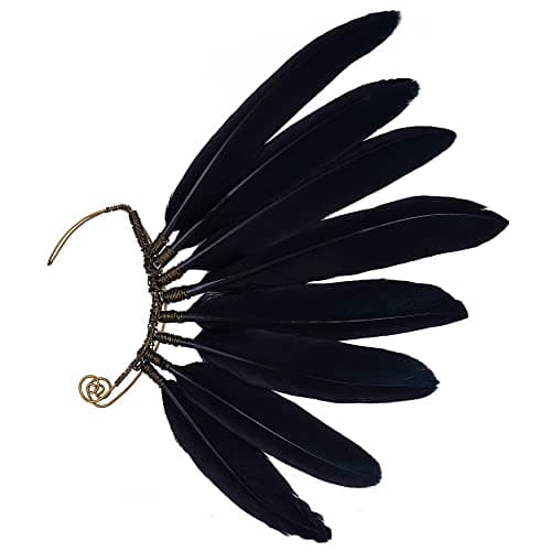 FRESHME Black Faux Feather Ear Cuffs Indian Ethnic Plume Ear Clips Viking Tribal Earrings Bronze Wire Wrapped Fairy Elf Ear Cuffs Wraps Fantasy Jewelry for Unisex Cosplay Costume Dress Accessories