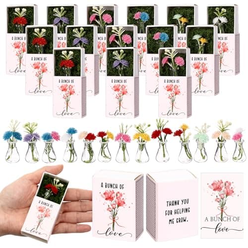 Wonderjune 24 Sets CNA Week Gifts Bulk for Women Positive Mini Flowers with Bud Vases Office Desk Decor Mini Box Breathing Thank You End of Year Graduation Favors for Coworker Clear