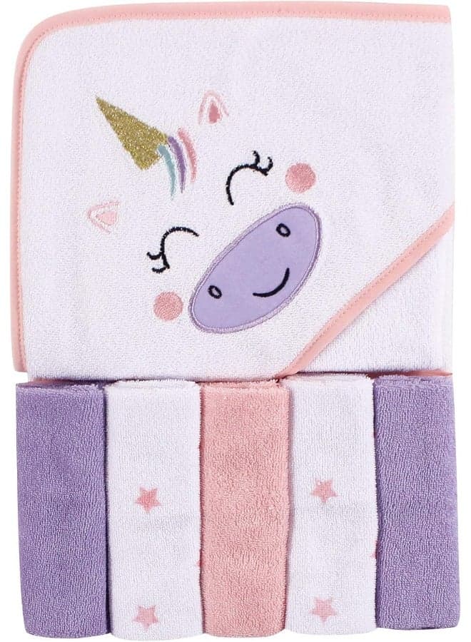 Luvable Friends Unisex Baby Hooded Towel with Five Washcloths, Unicorn, One Size
