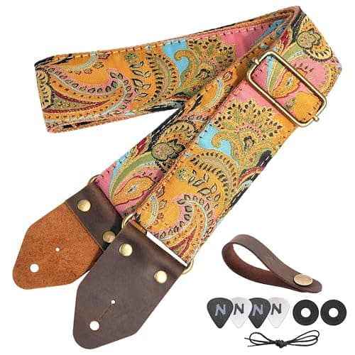 Nefelibata Guitar Strap,Crazy Horse Leather Jacquard Embroidery Cotton Guitar Straps for Bass, Electric & Acoustic, Best Gifts for Guitarists(Golden Silk Golden Flower)