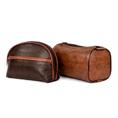 SNDIA 2-Set PU Leather Toiletry Travel Bags for Men and Women, Shaving Kit Bag, Makeup Cosmetic Pouch for Women and Men (Him & Her) Brown