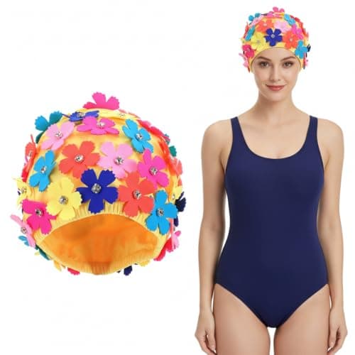 Veemoon Women Faric Floral Petal Swim Cap, Floral Retro Style Fabric Bathing Cap Fashionable Swimming Hat with Three-Dimensional Flower for Lady Girls Long/Short Hair Bathing Swimming