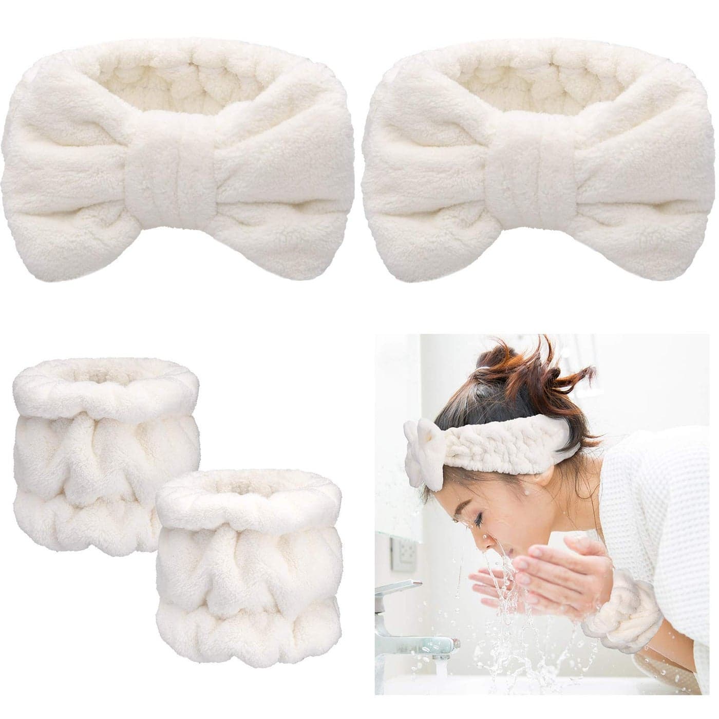 Chuangdi 4 Pcs Microfiber Headband Spa Wristbands and Wrist Bands for Washing Face Cuffs Towel Wristbands Hair Headband Face Wash Cuffs for Women MakeupWhite