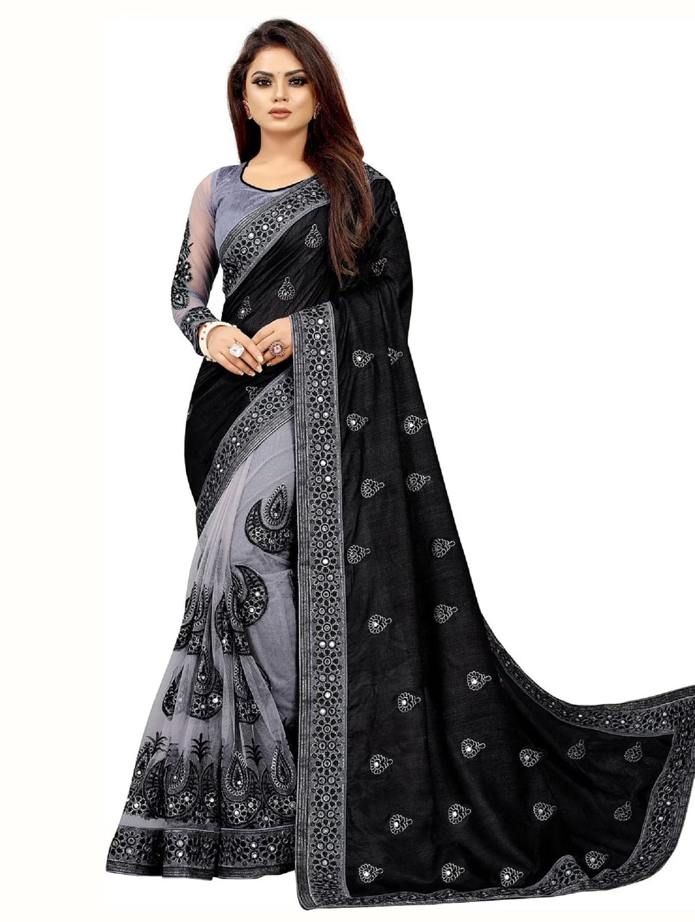 A To Z Cart Women's Vichitra Silk Half & Half Embroidered Saree Diwa Black