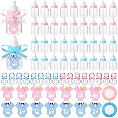 162 Pcs Gender Reveal Baby Shower Favors 48 Mini Milk Bottles Plastic Baby Candy Bottle 48 Mini Pacifiers Tiny Plastic Pacifiers 64 Pcs It's a Boy Girl Gender Reveal Stickers 2 Roll Ribbon