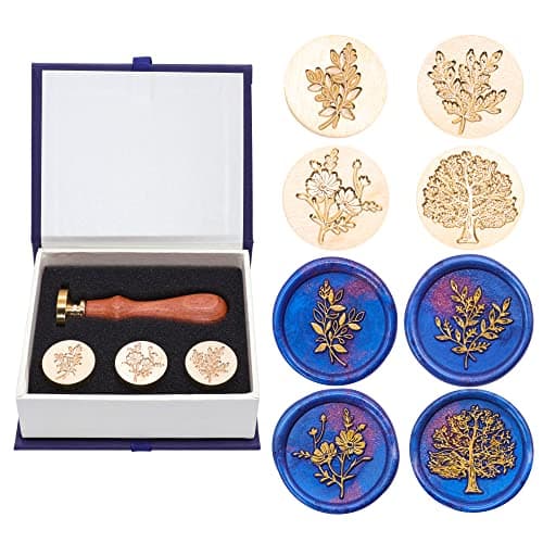 SWANGSA Wax Seal Stamp Set, Vintage 4 Pieces Eucalyptus Leaf Chamomile Tree of Life Botanical Sealing Stamp Heads + 1 Wooden Handle Sealing Stamp Kit Plant Series 2