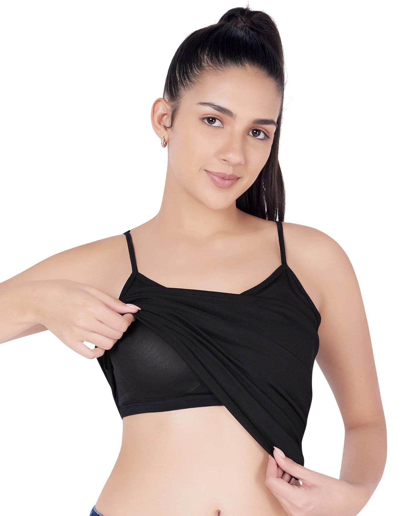 PLUMBURY Women's Polyester Padded Camisole Adjustable Spaghetti Strap Tank Top with Built-in Shelf Bra| Relaxed Fit | Black Size S