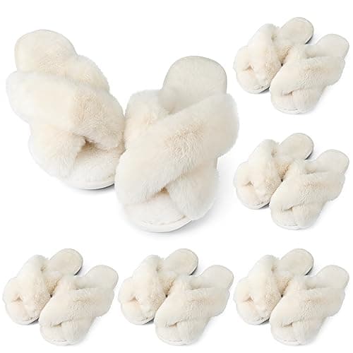 Toulite Bridesmaid Slippers Set of 6 White Fuzzy Slippers for Women Bulk Fluffy Furry Open Toe Soft House Shoes(Cross Style)