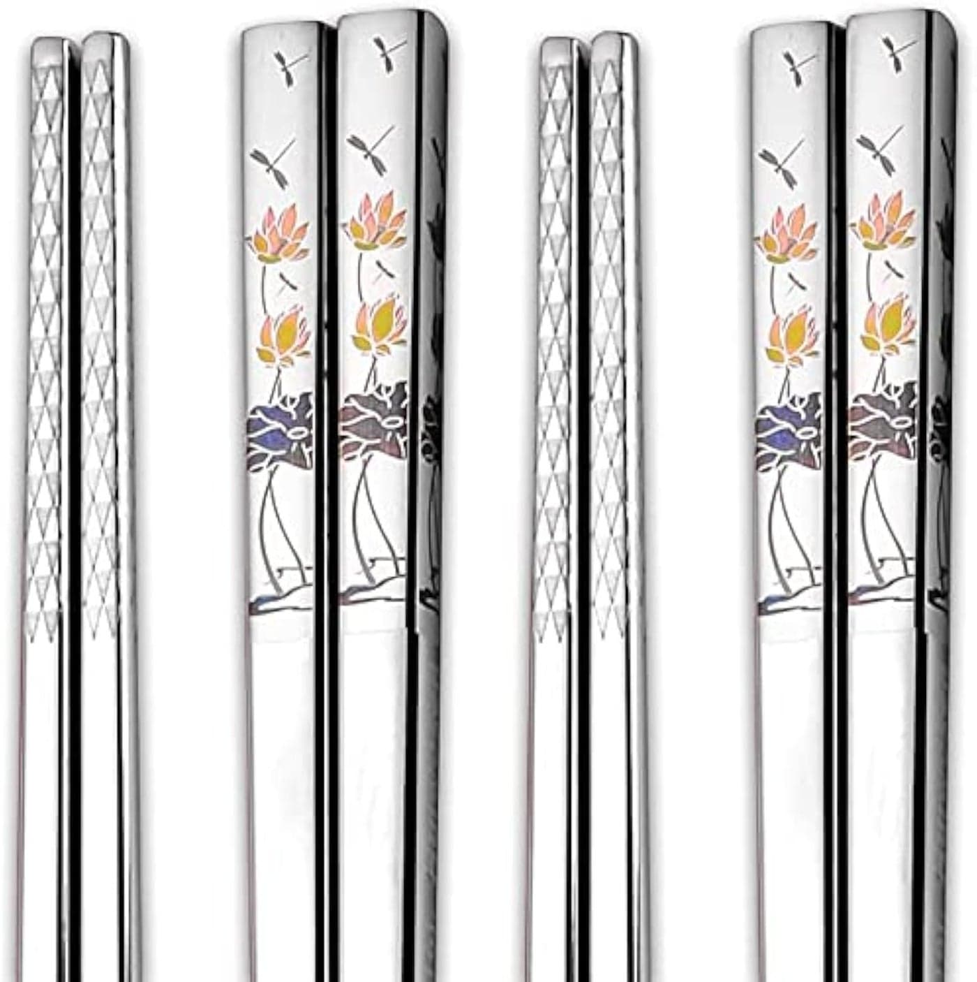 RIANZ Metal Chopsticks Reusable Dishwasher Safe, Chinese Japanese Korean 316 Stainless Steel Chopstick, Square Fancy Color Laser Engraved Chopstick for Cooking Eating, Non-Slip 1 Pair (Style 3)