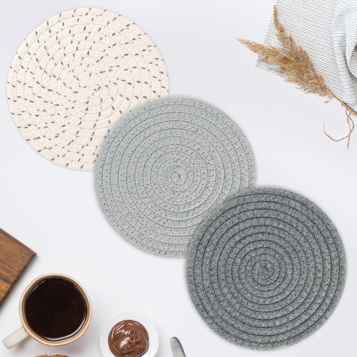 3PCS Woven Trivets for Hot Dishes Hot Pot Pads for Table Large Trivets Set Kitchen Dish Plate Dinner Mat Modern Cotton Round Woven Trivet Placemats Pot Holders Protector for Bowls