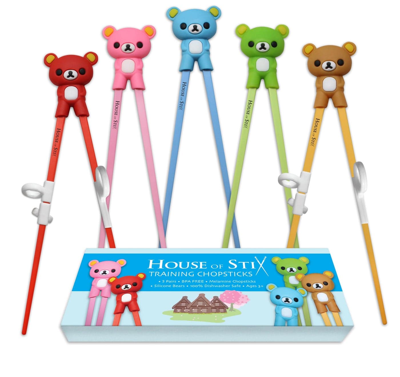 Kids chopsticks for kids children beginner adults toddler training chopsticks with reusable helper (Bears 5-Pack)