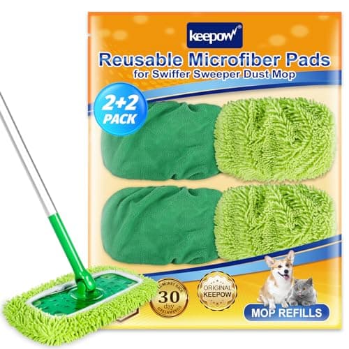 KEEPOW Reusable Microfiber Mop Pads Compatible with Swiffer Sweeper, 4 Pack Dry Sweeping Cloths & Wet Mopping Cloths, Washable Wet Pads Refill for Mopping Floors