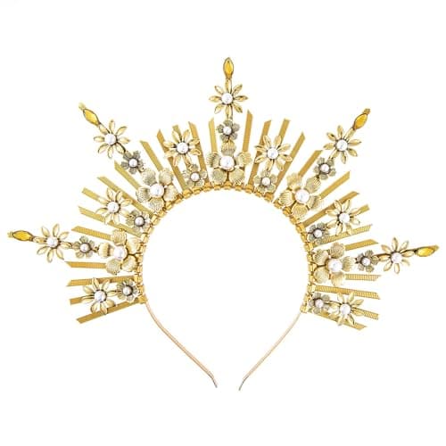 Fantherin Mary Halo Crown Headband Spiked Zip Tie Halo Crown Sunburst Goddess Headpiece with Crystal Style-4-Gold