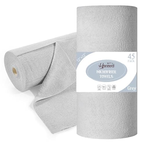 HONOVA Microfiber Cleaning Cloth Roll 45 Pack, Reusable Paper Towels Washable Roll, 12" x 12", Tear Away Microfiber Towels, Highly Absorbent, Lint Free Dish Rags for Kitchen, Window, Car, Shop(Grey)
