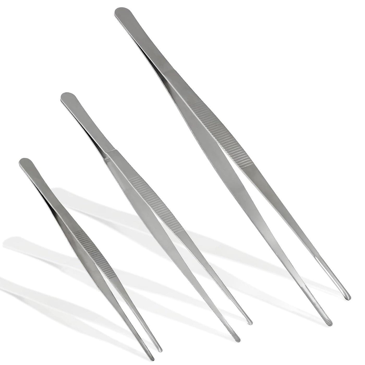 Bonsicoky 3Pcs Stainless Steel Tweezer Set 8 10 12 Long Tweezers with Precision Serrated Straight Tips Nonslip Multitool Tweezer for Cooking Repairing Medical Garden