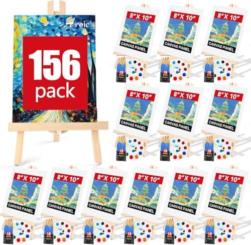 AROIC 156 PCS Professional Painting Set with Easels, 12 Wood Easels,120 Brushes with Nylon Brush Head,12 Drawing Boardart and 12 Palette, Painting Supplies kitfor Kids & Adults to Painting Party.