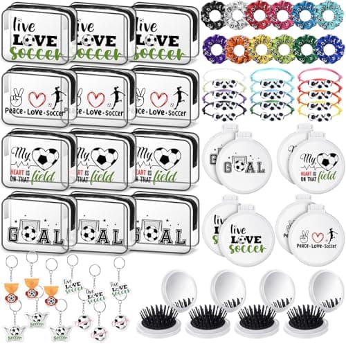 Meanplan 60 Pcs Soccer Party Favors Soccer Team Gifts for Players with 12 Set Bracelets Keychains Makeup Bag Mini Brush with Mirror Hair Scrunchies for Sport Party Supplies