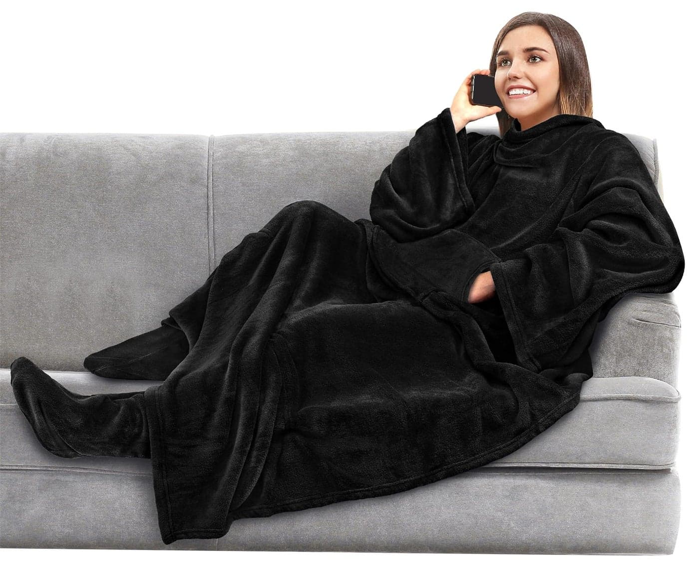 PAVILIA Fleece Blanket with Sleeves Foot Pockets for Women Men Adults Plush Wearable Blanket Throw Wrap Warm Snuggle Blanket Robe Cozy Gift Ideas Wife Mom Black