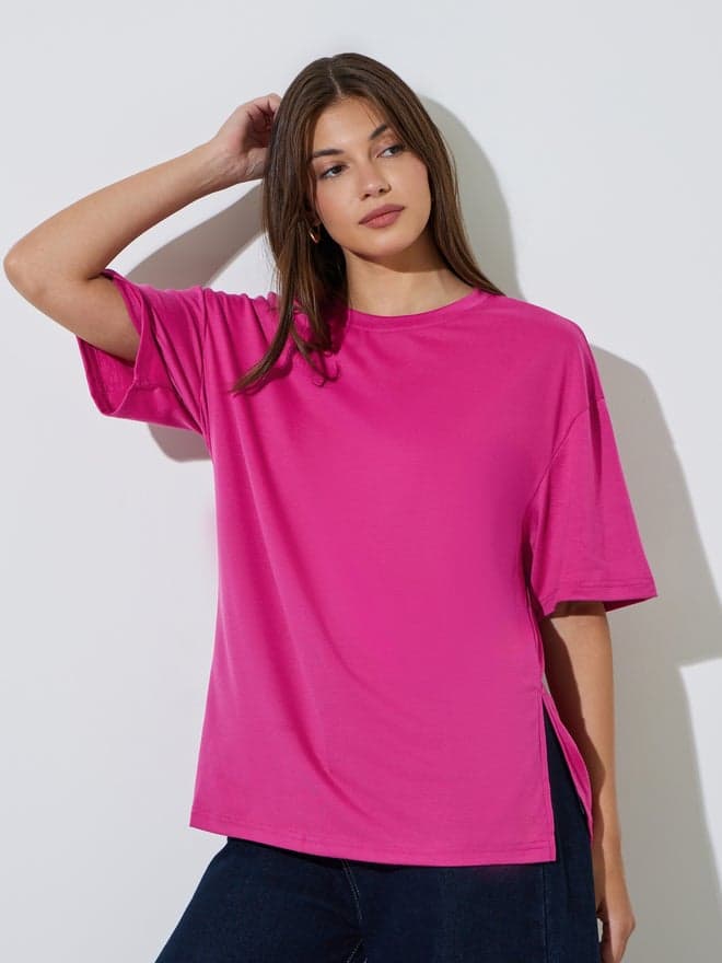 Styli Pink Oversized T-Shirt with Side Slit