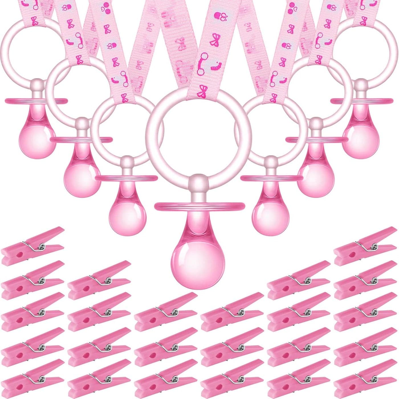 48 Pieces Baby Pacifiers Party Favors with 24 Plastic Pacifiers and 24 Mini Clothes Pins Transparent Baby Showers Pacifiers Necklace Baby Girl Boy Pacifier Necklace for Party FavorPink