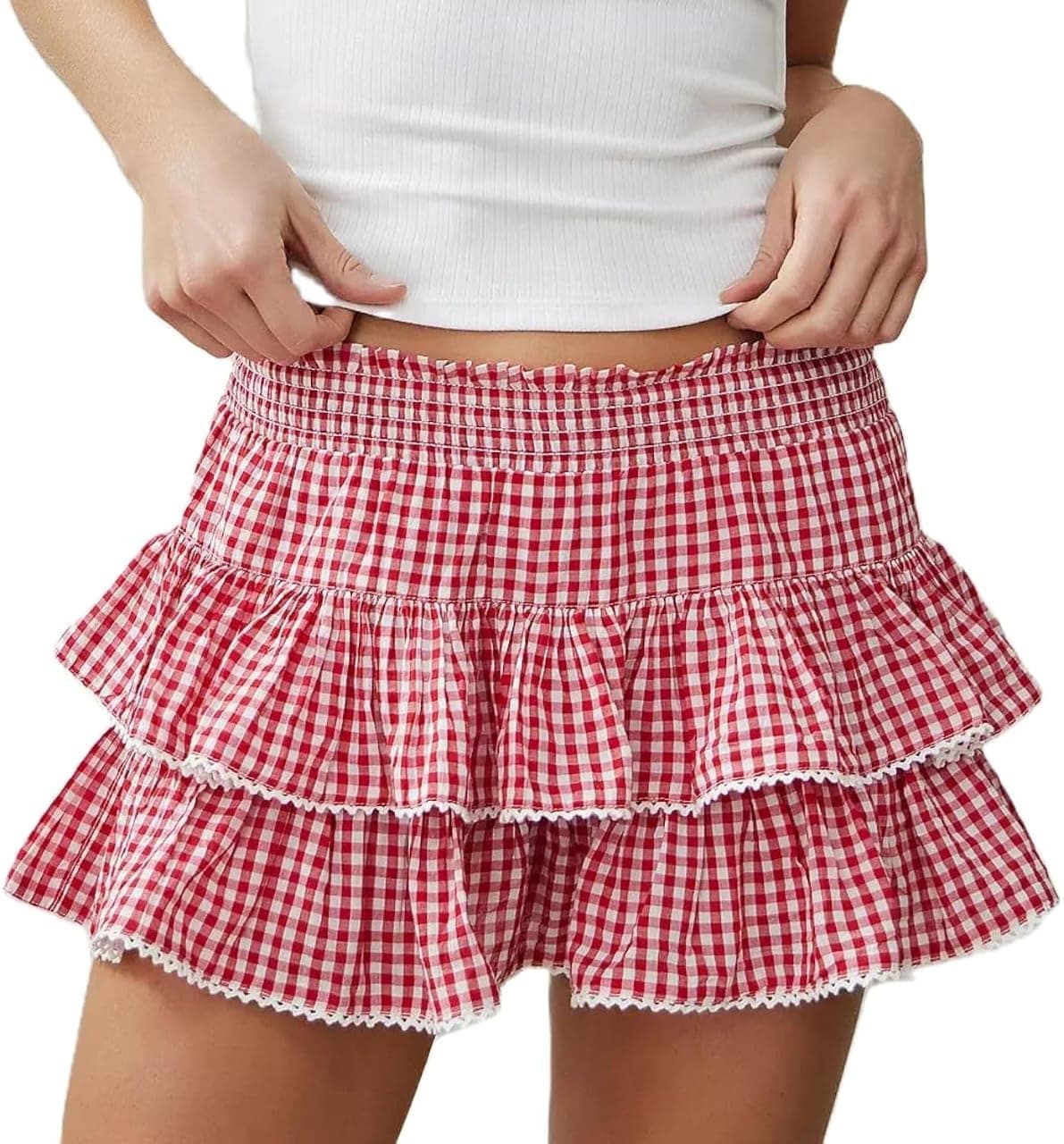Mrugneni Girls Cotton Blend Gingham Tiered Ruffle Mini Skirt, Check Pattern, Elastic Waist with Lace Trim (in, Alpha, Free Size, Regular, RED/White)