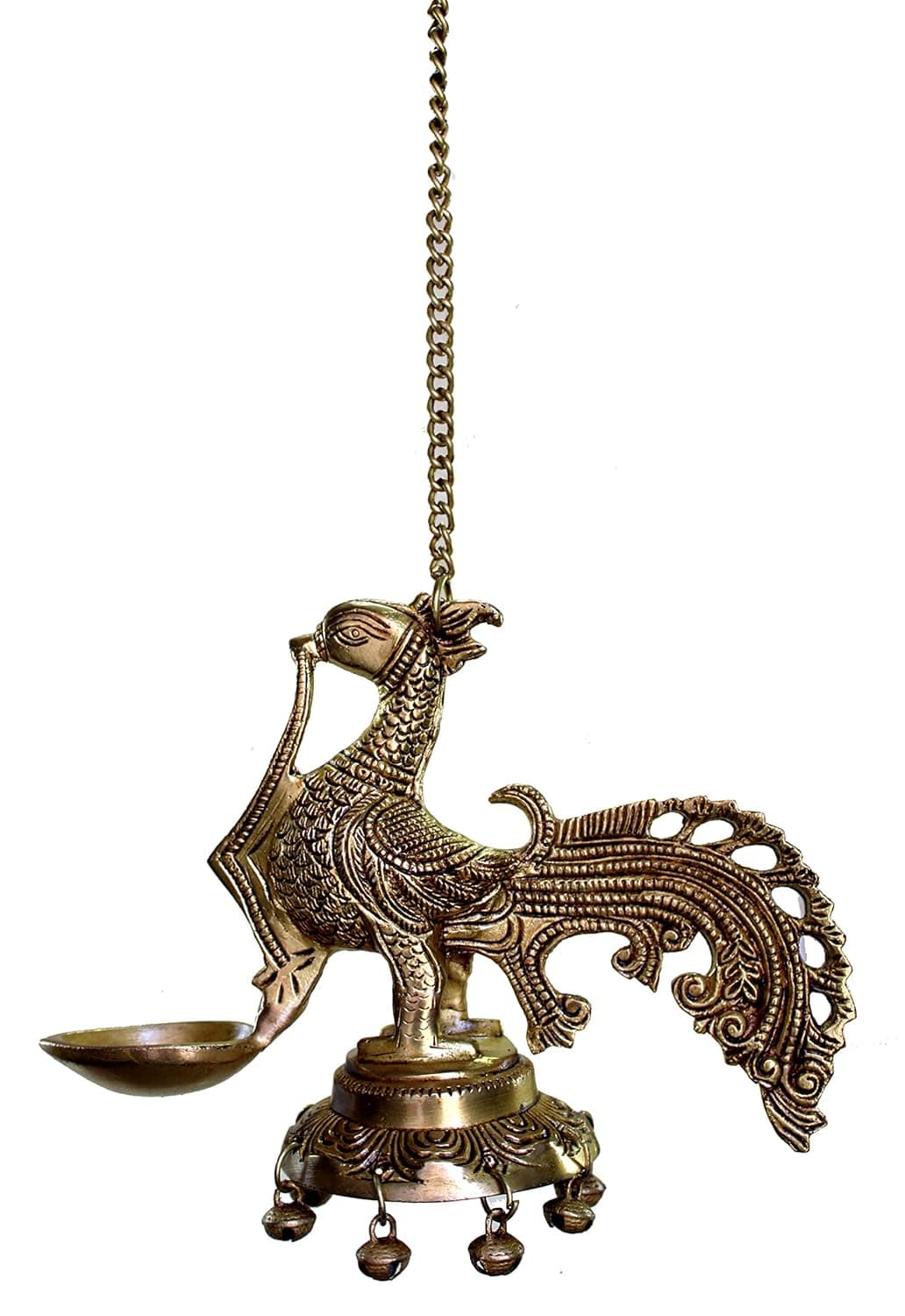 ESPLANADE Peacock Hanging Brass Diya Oil Lamp Deepak Deepam Home Decor Golden 9 Inches