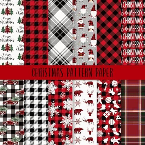 JarThenaAMCS 24 Sheets Christmas Pattern Paper Red Black Plaid Scrapbook Specialty Paper Double Sided Xmas Tree Gnome Truck Art Papers for DIY Crafts Supplies 118 x 118 Inch