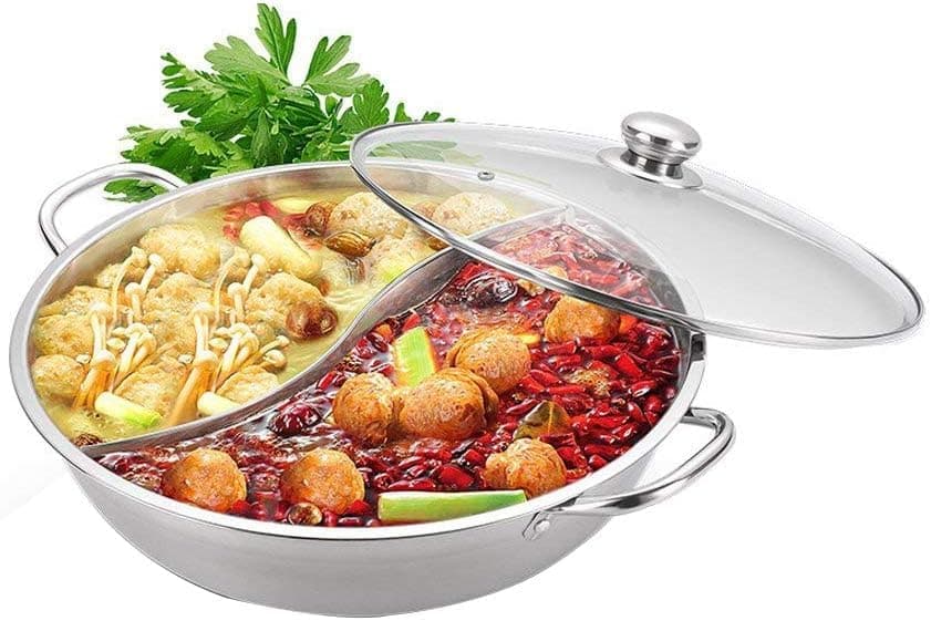 MUGATH Stainless Steel Shabu Shabu Hot Pot with Divider for Induction Cooktop Gas Stove 30cm with Cover Partition Pot Cooking PotBig Soup PotTwoFlavor Design S Grid Mandarin Duck Pot