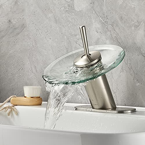 RODDEX Waterfall Bathroom Sink Faucet Unique Brass Modern Circle Glass Waterfall Faucet for Basin Vanity Single Hole Pedestal Sink Faucets One Handle Corner Sink Bathroom Faucet, Brushed Nickel