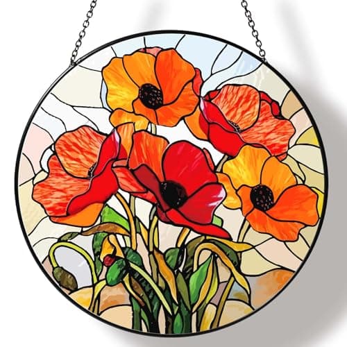 California Poppy Forest Sun Catcher 7.8'' Stained Glass Window Hanging Flower Lover Gifts for Women Christmas Red Poppy Wall Decor Handmade Suncatcher Decoration for Home Garden Housewarming Gifts