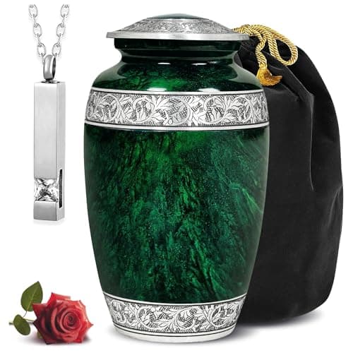LIFAG Hand-Engraved Green Urn for Ashes for Women & Men with Ash Pendant & Velvet Bag | Green Marble Finish Metal Cremation Urns for Human Ashes Adult Man | Elegant Burial & Funeral Urn, Large, 220lbs